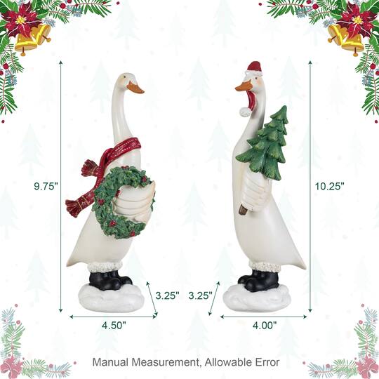 Glitzhome® Set of 2 Christmas Resin Goose with Wreath and Tree Table Decor